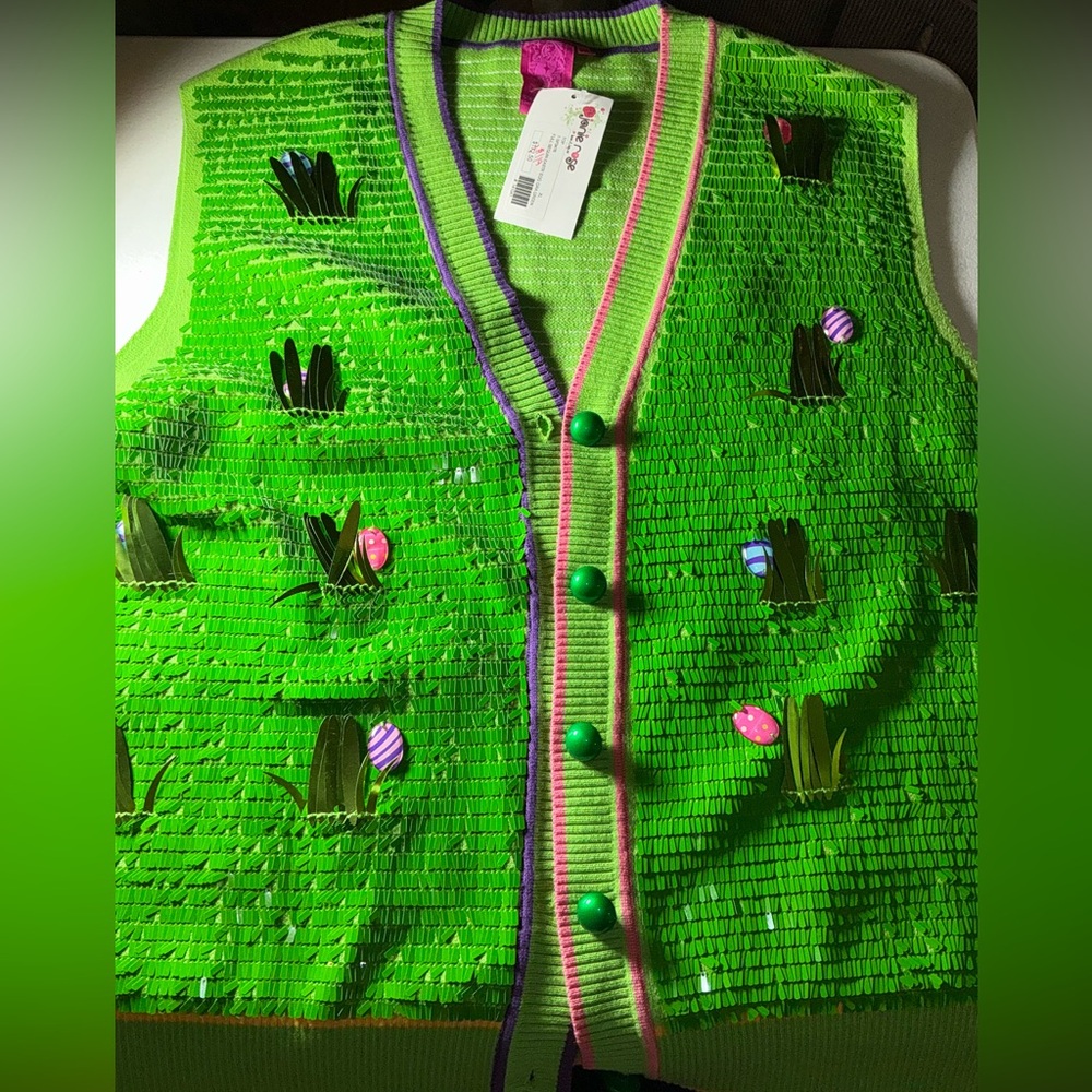 Queen of Sparkles NWT Sequin Easter Egg Grass Vest Size XL - Picture 11 of 11